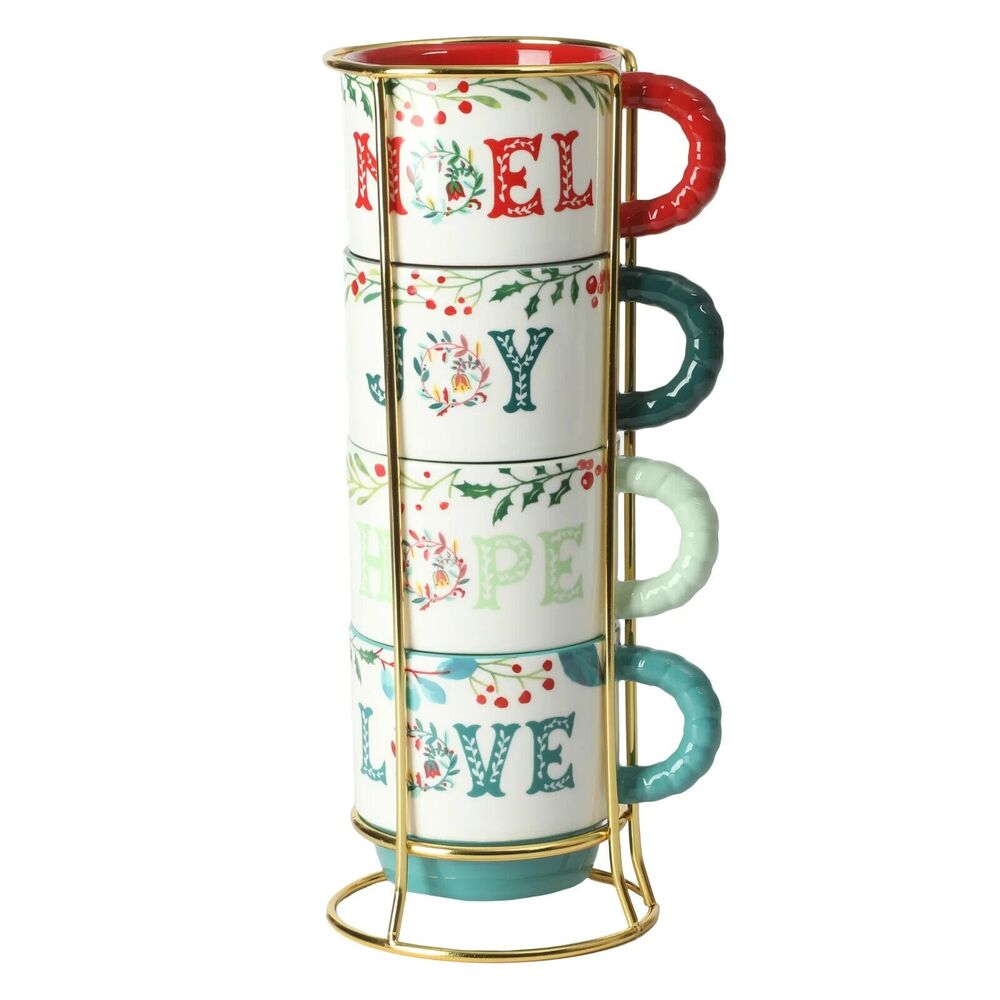 Pioneer Woman Merry Meadow Sentiments Stoneware Stacking Mugs Rack 5Pc Holidays